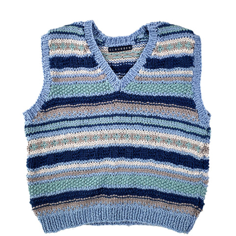 CLAUSSEN - Ärmelloser Pullover, Weste, Baumwolle, blautöne, mehrfarbig, handgestrickt, fair, nachhaltig, umweltfreundlich