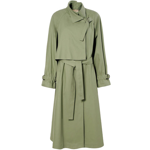 AGGI Asymmetrischer Trenchcoat, Grün, Nachhaltige Mode, Damenmantel, Fair fashion, Fair trade clothing, Made in Europe, Eco-friendly, Handcrafted - Shop now - the wearness online-shop - Sustainable & Ethical luxury fashion