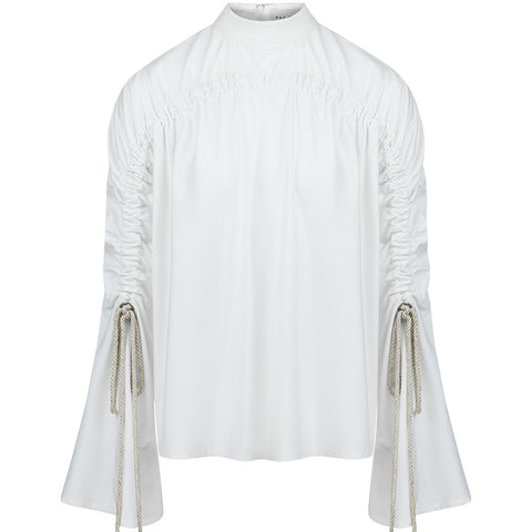 MAY BERNARDI Weiße Bluse aus Bio-Baumwolle mit geraffter Front und Ärmeln für Damen, made in Europe, fair, organic, eco-friendly - the wearness online-shop